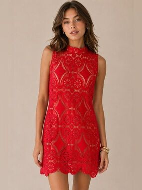 Umgee Vibrant Red Lace Midi Keyhole Back Shift Dress Size Small